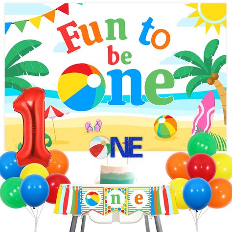 PRICES MAY VARY. You will receive: 15pcs latex balloons 12inches(3 orange, 3 green, 3 blue, 3 yellow, 3 red), 1pc beach volleyball birthday backdrop 3.2*4.92ft, 1pc beach one cake topper, 1pc high chair banner, 1pc number 1 foil balloon 32inches and 2pcs beach ball balloons. Fun to be one birthday backdrop: Our fun to be one birthday backdrop measures 3.28*4.92ft which is printed with classic beach theme element such as sun, beach ball, skateboarding etc which can bring you joy and happiness on 1st Birthday Themes September, Fun To Be One Birthday Theme, One Beach Birthday, Summer 1st Birthday Party Boy, Fun To Be One Birthday, Volleyball Birthday, Ball Balloons, Beach Ball Party, Swimming Pool Party