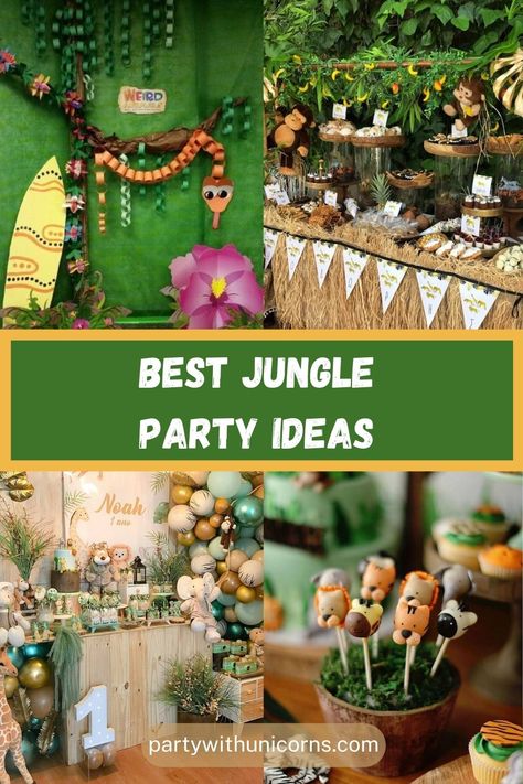 Jungle Adventure Birthday Party, Jungle Theme Bday Party, Jungle Themed 3rd Birthday Party, Jungle Theme Favors, Wild Four Birthday Party, Jungle Party Ideas For Adults, Jungle Third Birthday Party, Jungle Food Party, Jungle Party Decorations Ideas