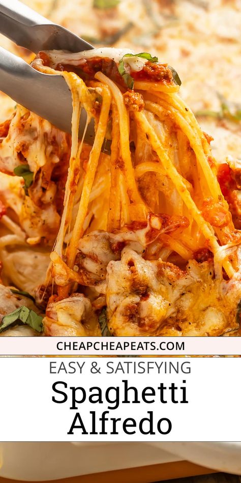 Rich and layered with tons of flavor, this baked pasta layers an easy homemade Alfredo sauce with tomato sauce and ground meat or sausage for a dinner recipe the entire family will love. Spaghetti Alfredo Bake, Meat Tomato Sauce, Tiktok Dinner, Easy Homemade Alfredo, Spaghetti Alfredo, Shred 10, Jarred Alfredo Sauce, Eat On A Budget, Pasta Noodle Recipe