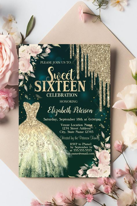 Gold Glitter Drips,Dress,Floral Green Sweet 16 Invitation Sweet Sixteen Pictures, Green Sweet 16, Sweet 16 Themes, 16 Invitations, Sweet 16 Invitations, Sweet Sixteen, Dress Floral, Sweet 16, Invitation Zazzle