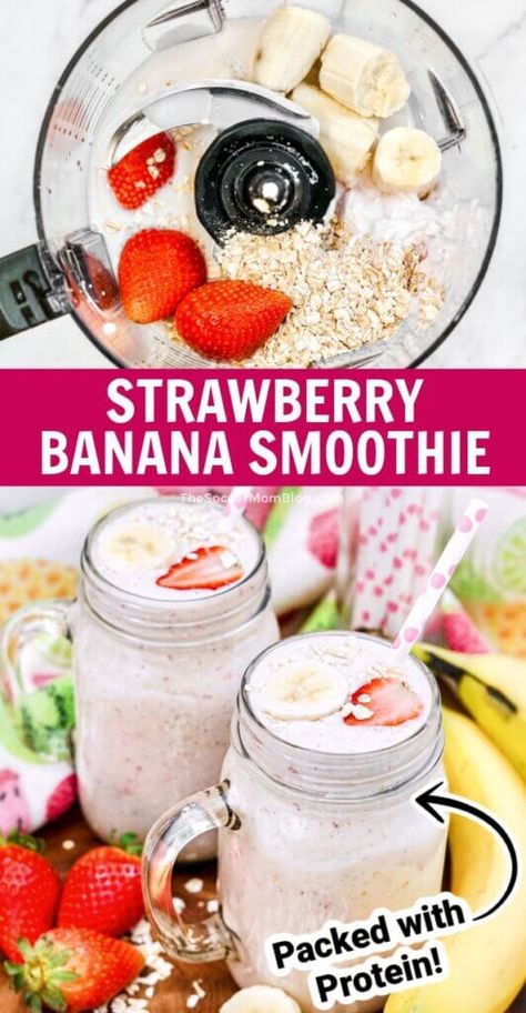 Strawberry Banana Oatmeal Smoothie Pinterest Image Strawberry Banana Oatmeal, Oatmeal Smoothies Healthy, Banana Smoothie Recipe Healthy, Strawberry Oatmeal Smoothie, Protein Fruit Smoothie, Oats Smoothie Recipes, Banana Oat Smoothie, Banana Oatmeal Smoothie, Banana Protein Smoothie