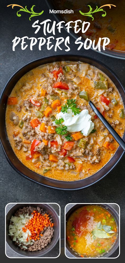 Stuffed pepper soup is a hearty and flavorful dish inspired by the classic stuffed bell pepper recipe. It takes all the delicious elements of stuffed peppers and transforms them into a comforting soup. Stuffed Bell Peppers Soup, Stuffed Peppers Soup, Stuffed Bell Pepper Soup, Salad Guide, Cooking Stuffed Peppers, Lasagna Stuffed Peppers, Stuffed Bell Pepper, Bell Pepper Soup, Flavorful Shrimp