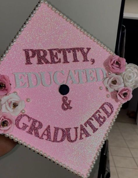 #romance Pink Grad Cap Designs, Grade Cap Ideas, Grad Cap Ideas Pink, Graduation Cap Designs Pink, Pink Grad Cap Ideas, High School Grad Cap Ideas, Pink Grad Cap, Girly Graduation Cap, Cap Decoration Graduation High School