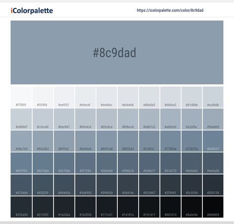 Color space information #8c9dad | Pantone 16-4010 Tcx Dusty Blue. Similar Pantone Color name Information, Color Schemes, Light / Darkshades, Tones, Similar Colors , Preview the color and download Photoshop swatch and solid color background image Blue Color Hex, Pantone Color Book, Space Information, Color Palette From Image, Flat Color Palette, Hexadecimal Color, Hex Color, Hex Color Palette, Color Palette Challenge