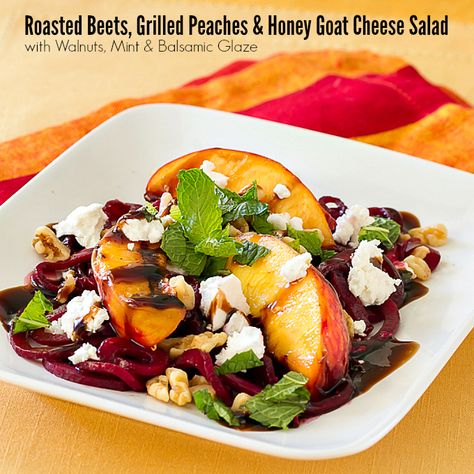 Beet, Peach & Goat Cheese Salad with Walnuts, Mint & Balsamic Glaze Peach Goat Cheese, Prosciutto Burrata, Pickled Beet Salad, Honey Goat Cheese, Salad With Walnuts, Beet And Goat Cheese, Blue Cheese Salad, Lunch Wraps, Beet Recipes