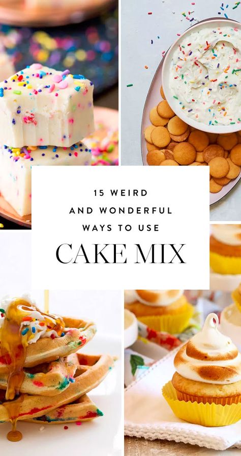 15 Weird but Wonderful Ways to Use Cake Mix via @PureWow Things To Make With Funfetti Cake Mix Boxes, What To Make With Boxed Cake, Recipes Using Funfetti Cake Mix Boxes, Things To Do With Box Cake, Weird Desserts Recipes, Things To Do With Cake Mix Boxes, Cake Box Desserts, Things To Make With Cake Mix Boxes, Box Cake Mix Ideas