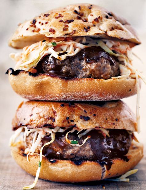 Barbecue Pork Burgers Ground Pork Burgers, Pork Burgers Recipes, Creamy Slaw, Breakfast And Brunch, Barbecue Pork, Pork Sandwich, Burger Bar, Think Food, Barbecue Recipes