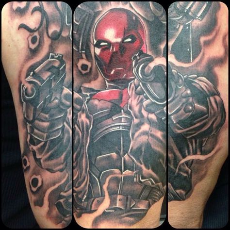 Red Hood tattoo Batfamily Tattoo, Jason Todd Tattoo, Jason Todd Tattoo Ideas, Red Hood Tattoo Ideas, Hood Cartoon Characters, Red Hood Tattoo, Red Hood Logo, Bad Wolf Tattoo, Hood Cartoon