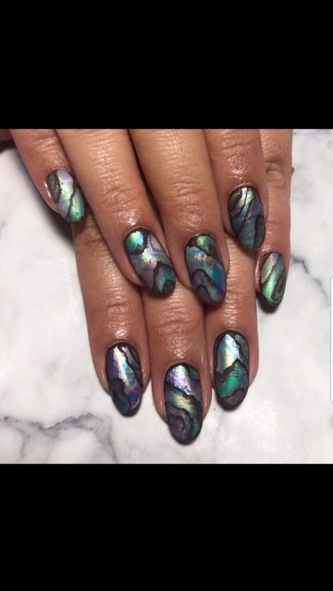 Done using..... Mother Of Pearl Nail Art, Abalone Nail Art, Pigeon Nails, Abalone Shell Nails, Labradorite Nails, Abalone Nails, Shell Nail Design, Mother Of Pearl Nails, Oyster Nails