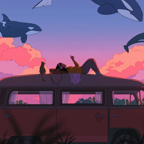 Whales, Roof, A Woman, Van, Anime