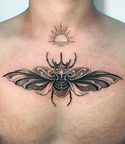 Chest Bee Tattoo, Scarab Tattoo Design, Snail With Skull Shell, Scarab Beetle Tattoo, Animal Tatoos, Cicada Tattoo, Scarab Tattoo, Indie Tattoo, Beetle Tattoo