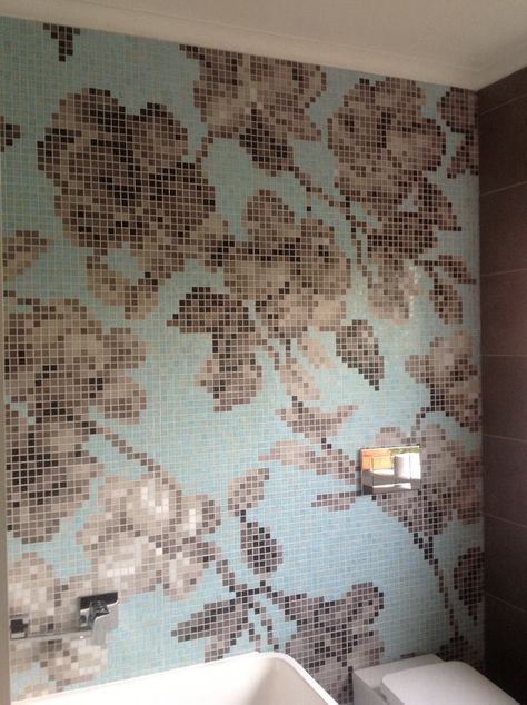 Bisazza mosaic pattern on feature wall with deep charcoal large format tiles on all other walls Bisazza Mosaic Bathroom, Mosaic Living Room, Bisazza Mosaic, Large Format Tiles, Flower Mosaic, Wall Mosaic, Mosaic Bathroom, Mosaic Flowers, Mosaic Artwork