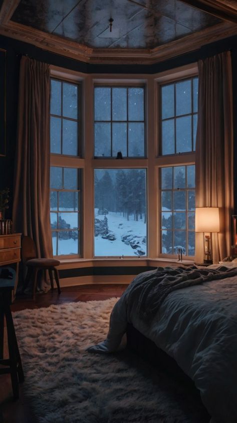 Bedroom With Lake View, Snowy Bedroom, Bedroom With Big Windows, Winter House Interior, Winter Cabin Interior, Bed Rotting, Fall Hygge, Snowy House, Cozy Core