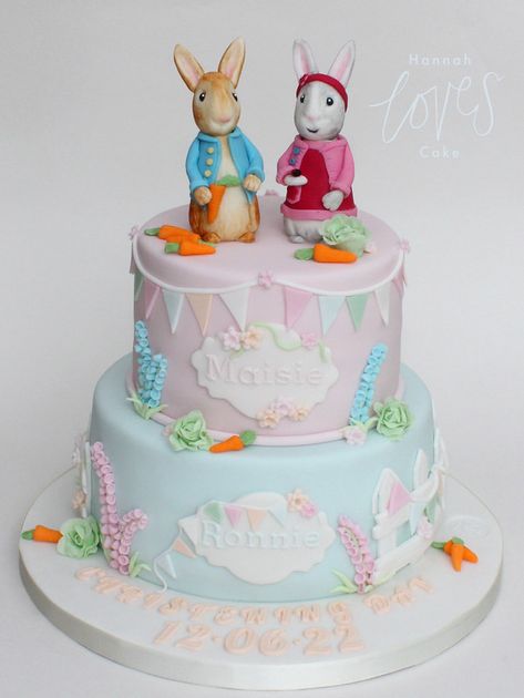 Peter Rabbit Christening, Lily Bobtail, Lily Cake, Peter Rabbit Cake, Twins Cake, Peter Rabbit Birthday, Two Tier Cake, Rabbit Cake, Christening Cake