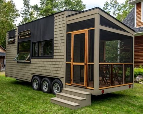 Veteran carpenter builds gorgeous tiny home with impressive wood working interior Cedar Shingle Siding, Tiny House Big Living, Tiny House Builders, Tiny House Trailer, Building A Tiny House, Tiny House Movement, House With Porch, Tree Houses, Tiny Houses For Sale