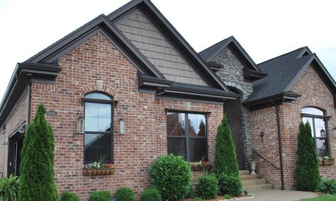 Residential Gallery- Cherokee Brick Georgia and Mississippi Brick Home Black Windows, Black Metal Roof Brick House, General Shale Brick Colors, Brick Home With Black Windows, Brick House Black Roof, Black Gutters Red Brick House, Exterior Brick And Siding Combinations, Brown Brick House Exterior, Black Gutters