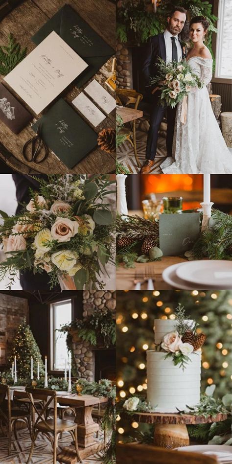 Winter Wedding Canada, Green Gold Winter Wedding, Fir Wedding Decorations, Fir Tree Wedding Decor, Winter Mountain Wedding Decor, Winter Wedding In The Mountains, Wedding In The Pines, Winter Forest Wedding Aesthetic, Snowy Wedding Aesthetic