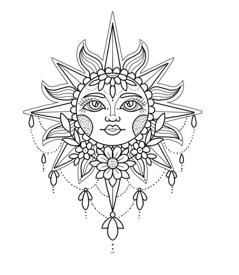 Mandala Sun Tattoo, Tattoo Sonne, Boho Tattoo, Luna Tattoo, Moon Sun Tattoo, Shin Tattoo, Witch Coloring Pages, Flash Tattoo Designs, Mandala Tattoo Design