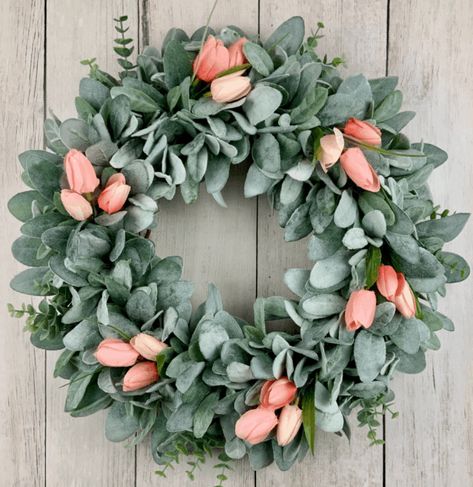 Peach Tulips, Green Hydrangea Wreath, Easter Porch Decor, Victorian Wreath, Summer Wreath For Front Door, Front Door Spring, Spring Summer Wreath, Lambs Ear Wreath, Mothers Day Wreath