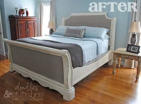 Sleigh Bed Makeover, Sleigh Bed Painted, Bed Tutorial, Bed Makeover, Upholstered Sleigh Bed, Tufted Headboards, Furniture Redos, Sleigh Bed, Tufted Bed