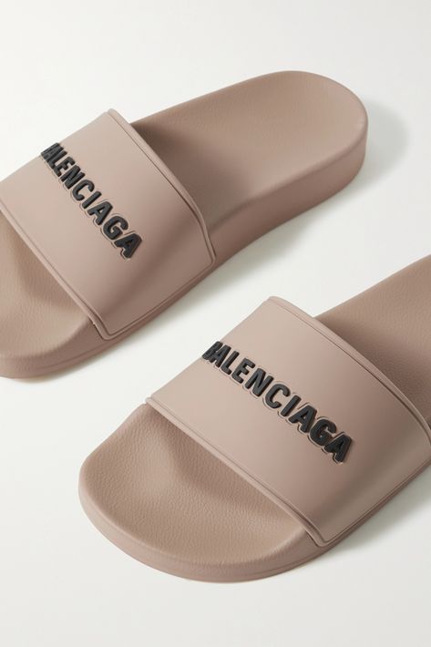 Beige Piscine logo-embossed rubber slides | BALENCIAGA | NET-A-PORTER Balenciaga Slides, Royal Shoes, Designer Slides Women, Balenciaga Sandals, Balenciaga Adidas, Trendy Slippers, Air Jordan Nike, Luxury Slides, Pretty Sneakers