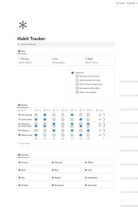 A free habit tracker notion template that can be your Simple , Weekly , Monthly , printable habit tracker . Establish your goal & make a routine by keeping an eye on your daily/weekly , monthly habits. This free template can be your next habit tracker idea for layout . Download now. Notion Template Ideas Monthly, Notion Daily Habit Tracker, Notion Layout Minimalist, Habit Tracker On Notion, Notion Goal Tracker, Free Notion Habit Tracker Template, Notion Daily Routine Template, Notion Tracker Template, Kpop Notion Ideas