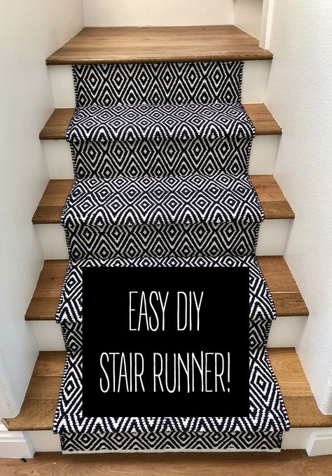 Diy Carpet Stairs To Wood, Cheap Stair Runner Diy, Removable Stair Runner, Wall Above Stairs Decor Stairways, How To Install Stair Runner With Landing, Stair Runner Carpet Diy, Stair Runner Painted Stairs, Rental Friendly Stair Runner, Diy Stair Remodel