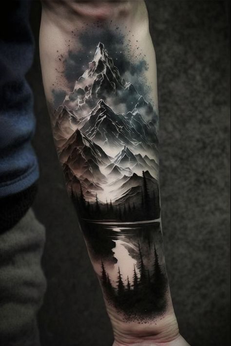 Realism Mountain Tattoo, Outdoor Tattoos For Men, Mountains Tattoo, Forearm Tattoos Men, Forest Forearm Tattoo, Mountain Sleeve Tattoo, Forest Tattoo Sleeve, Berg Tattoo, Wilderness Tattoo