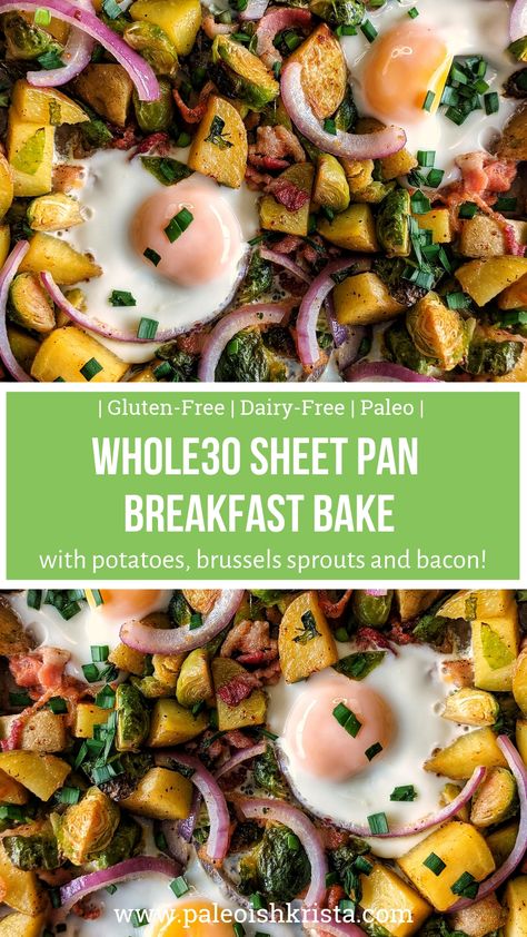 Have breakfast on the table in no time with this super simple Whole30 Sheet Pan Breakfast Bake loaded with hearty and nutritious ingredients like potatoes, brussels sprouts and bacon! | #whole30sheetpanbreakfast #glutenfreesheetpanbreakfast #bakedbrusselssproutswithbacon #paleobreakfast #easysheetpanmeal #sheetpanbreakfast Egg Bake Whole 30, Whole 30 Breakfast Bake, Sheet Pan Hash Browns, Whole 30 Breakfast Fritatta, Breakfast Sweet Potato Hash, Whole 30 Breakfast, Sprouts With Bacon, Minced Meat, Paleo Breakfast