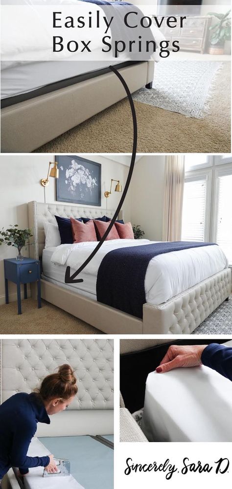 Inexpensive way to easily cover box springs - Sincerely, Sara D. Bed With Box Spring, Beautiful Bed Designs, Upholstered Box Springs, Simple Bed Designs, Box Spring Bed Frame, Boxspring Bed, Box Spring Cover, Bed Foundation, Box Springs