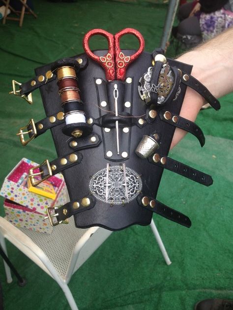 Steamstress Bracer: Permelia's Adventures in Costuming and Habberdashery Larp Accessories Diy, Steampunk Tailor, Steampunk Bracer, Druid Cloak, Bracers Diy, Steampunk Seamstress, Steam Punk Diy, Steampunk Diy Costume, Steampunk Sewing