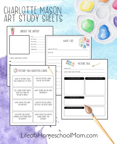 Free Charlotte Mason, Study Sheet, Study Sheets, Charlotte Mason Homeschool, Homeschool Tips, Homeschooling Ideas, Art Study, Kid Art, Question Cards