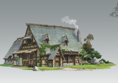 ArtStation - The farmhouse, joker chen Farmhouse Concept Art, Farmhouse Concept, Medieval Farmhouse, Minecraft Concept, Minecraft Medieval House, Gothic Farmhouse, Stylized Environment, Japanese Modern House, Village Map