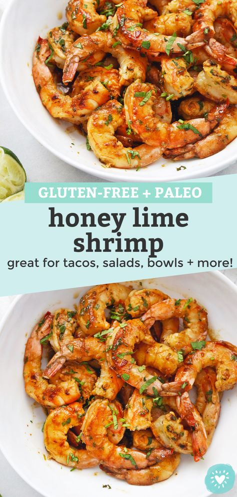 Grilled Shrimp Meal Prep, Paleo Bang Bang Shrimp, Paleo Recipes Shrimp, Gluten Dairy Free Shrimp Recipe, Honey Lime Shrimp Tacos, Honey Shrimp Salad, Honey Shrimp Tacos, Honey Ginger Shrimp Bowl, Honey Garlic Lime Shrimp