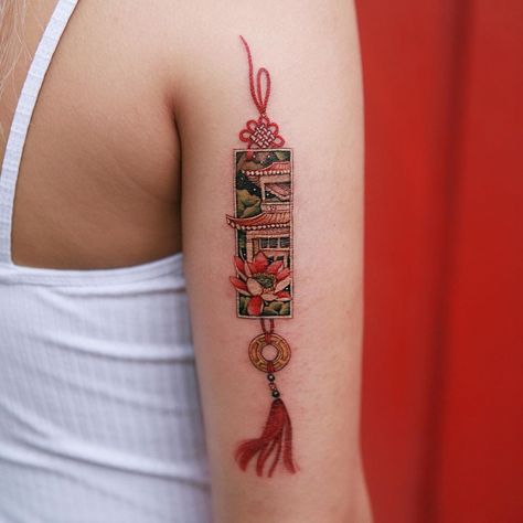 🌻 시온 on Instagram: “Norigae of Buddhist temple surrounded by lotus.” Framed Tattoo, Korean Tattoos, Knot Tattoo, Inspiration Tattoo, Tattoos Geometric, Red Ink Tattoos, Delicate Tattoo, Unique Tattoo Designs, Baby Tattoos