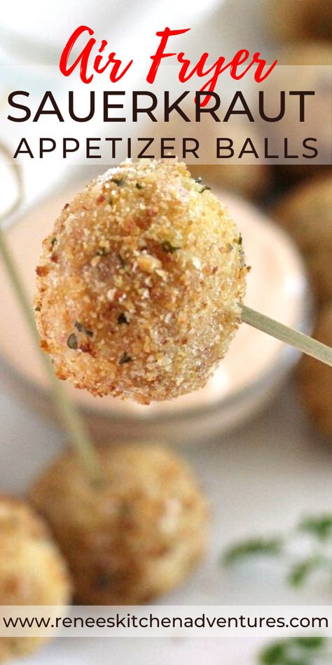 Air Fryer Sauerkraut Appetizer Balls by Renee's Kitchen Adventures. This homemade recipe for sauerkraut balls with dipping sauce made with sauerkraut and ham make a great appetizer or anytime snack. Easy instructions to make in Air Fryer. Options for cooking stovetop and oven included. #RKArecipes #OHpork #ohiopork #sauerkrautrecipes #sauerkrautappetizers Air Fryer Sauerkraut, Saurkraut Balls Recipes Air Fryer, Air Fryer Sauerkraut Balls, Saurkraut Balls Dipping Sauce, Recipes With Sauerkraut, Appetizer Balls, Recipe For Sauerkraut, Sauerkraut Balls, Catering Appetizers