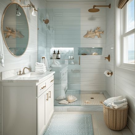 19 Beach Bathroom Ideas That You Need To Try Now! - Drop By My Home Beach Guest Bathroom, Mederteranian House, Beach Bathroom Theme, Summer House Bathroom, Bathroom Light Blue, Seashell Decor Ideas, Beachy Bathroom Ideas, Bathroom Coastal Style, Beach House Villa