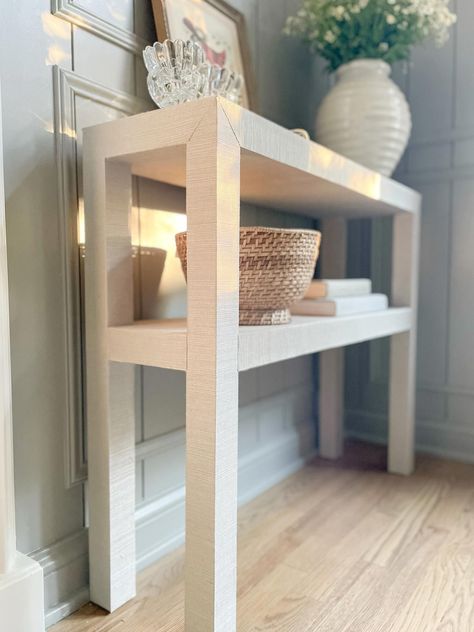 How I made an affordable dupe of the Serena & Lily Blake Console table Tile Console Table, Diy Console Table Entryway, Grasscloth Console Table, Ikea Console Table, Console Ideas, Ikea Lack Table, Small Console Table, Console Table Entryway, Diy Console Table