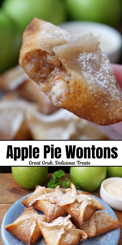 A double photo collage of apple pie wontons. Wonton Apple Pies Baked, Apple Pie Rangoons, Fried Apple Pies Homemade, Apple Pie Wontons, Easy Apple Pie Filling Recipes, Sweet Cream Cheese Filling, Pecan Monkey Bread, Apple Cream Cheese, Deep Fried Appetizers