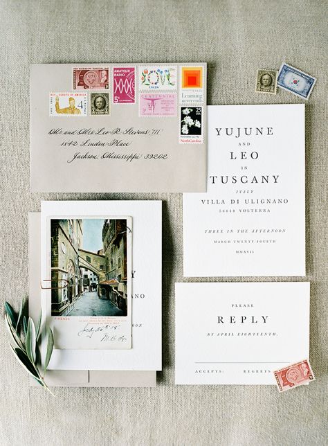 Great destination wedding invitations - the photo and the stamps definitely give you a flavor of the event to come! Photo O'Malley Photographers Wedding Invitations Ripped Edges, Modern Destination Wedding Invitations, Wedding Invitation Stamps, Wedding Invitation Package, Wedding Invite Package, Post Card Wedding Invitation, Small Wedding Invitations, Greece Wedding Invitations, Destination Wedding Invites