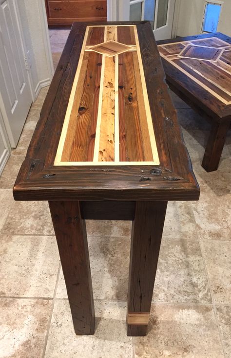 Inlay accent table Funky Tables, Wood Benches, Inlay Table, Eagles Wings, Bazaar Ideas, Reclaimed Wood Furniture, Hall Table, Wood Tree, Wood Bench