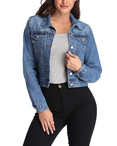 Ladies Jackets Jean Womens Denim Outwear Fashion Turn Down Collar Basic Chest Pockets Single Breasted Deep Blue - XS Jackets Casual, Womens Cropped Jeans, Crop Jean Jacket, Jacket With Pockets, Jean Jacket Women, Blue Jean Jacket, Oversized Denim Jacket, Cropped Denim Jacket, Basic Long Sleeve