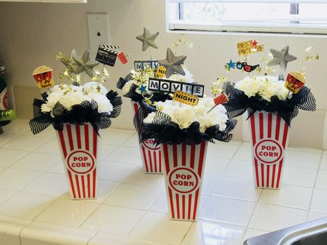 Hollywood Party Centerpiece Ideas, Movie Theme Dessert Table, Movie Theme Centerpieces Diy, Movie Premiere Centerpieces, Movie Theater Centerpieces, Hollywood Party Centerpieces Diy, Movie Night Centerpieces, Movie Theme Centerpiece Ideas, Movie Party Centerpieces