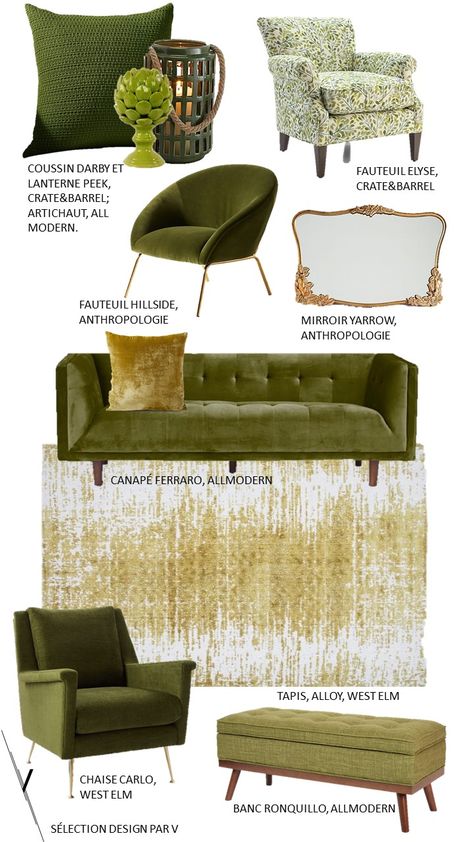 Olive green and golden yellow mood board.  Design par V Olive Green Mustard Yellow Living Rooms, Olive Gold Sofa, Olive Green Gold Bedroom, Mustard Green Living Room, Green And Bronze Living Room, Olive Green Salon Decor, Mood Board Olive Green, Olive And Gold Living Room, Olive Green And Mustard Yellow Bedroom