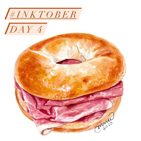 Connie Au on Instagram: “4.10.20 Ham bagel sandwich 🥯 👉🏻see my steps ✨ • • • Today I wanna do something simpler :) Perhaps it is easier to start drawing with a good…” Ham Bagel, Desserts Illustration, Bread Illustration, Food Sketches, Food Watercolor, Drink Illustration, Food Art Painting, English Sentence, Work Graphic