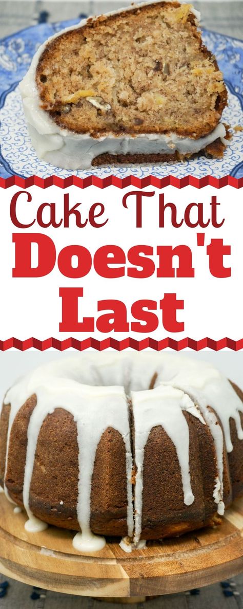 Cake That Doesn't Last is a moist Banana Pineapple Bundt Cake topped with a tangy cream cheese glaze. And it's amazingly easy to make. One bowl. One spoon. One delicious cake. | The Cake That Doesn't Last | Banana Bundt Cake with Pineapple | Banana Pineapple Cake with Cream Cheese Glaze | One Bowl Banana Cake Glaze | #Banana #Pineapple #CreamCheese #BundtCake #Cake #Recipes Banana Pineapple Cake, Pineapple Bundt Cake, Cake Glaze, Cake With Pineapple, Banana Bundt Cake, Banana Bundt, Banana Cream Pie Recipe, Peanut Butter Crunch, Glaze For Cake