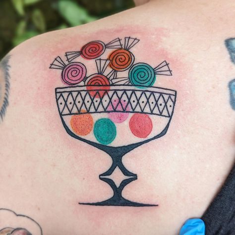 Remember going over to your grandma's house and she'd offer you some candy from her candy dish and it'd be all stuck together and dusty? Yeah not this candy dish!! Loved making this for Amy! #grandmascandydish #candy #candytattoo #candydish #tattooed #girlswithtattoos #tattooedgirls #stltattoo #stltatooartist #pastydevil #pasteldevilstudio #colortattoo #popculture #popculturetattoo #ladytattooers #tattoosnob #mcm #mcmtattoo #midcenturymodern #midcenturymoderntattoo #tattoo #tattoos #ladiesta... Candyland Tattoo, Candy Tattoo, Stuck Together, M Tattoos, Candied Lemons, Grandma's House, Grandmas House, Candy Dish, Color Tattoo