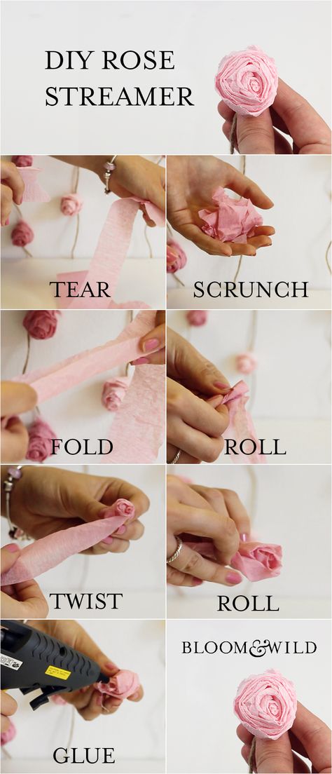 Our DIY How to tutorial on how to make a paper rose streamer from Bloom & Wild Roses From Streamers, Streamer Roses Diy, Baby Shower Gifts To Make, Wedding Ideas Diy, Crepe Paper Roses, Diy Mom, Bloom And Wild, How To Make Rose, Kissing Ball