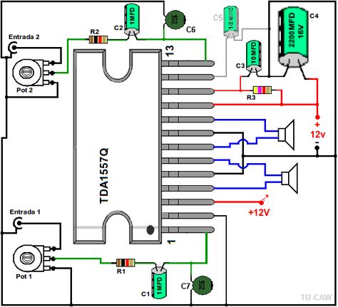 Dibujo del amplificador con TDA1557Q Amplificador 12v, Amplificatori Audio, Simple Electronics, Mini Amplifier, Hifi Amplifier, Diy Amplifier, Electronic Circuit Design, Electrical Circuit Diagram, Hobby Electronics