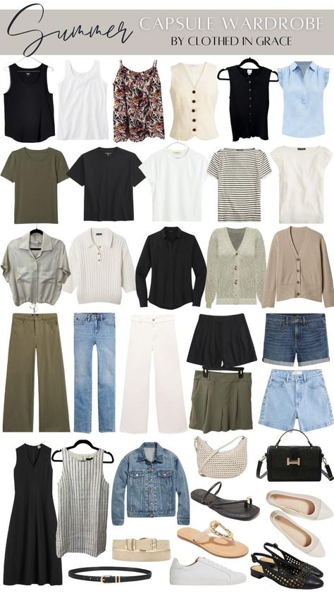 Summer Capsule Wardrobe Clothed In Grace Blog, Hot Weather Travel Capsule, Autumn Capsule Wardrobe, Us Friends, Simple Casual Outfits, Minimalist Summer, Capsule Wardrobe Essentials, Summer Capsule, Travel Capsule Wardrobe